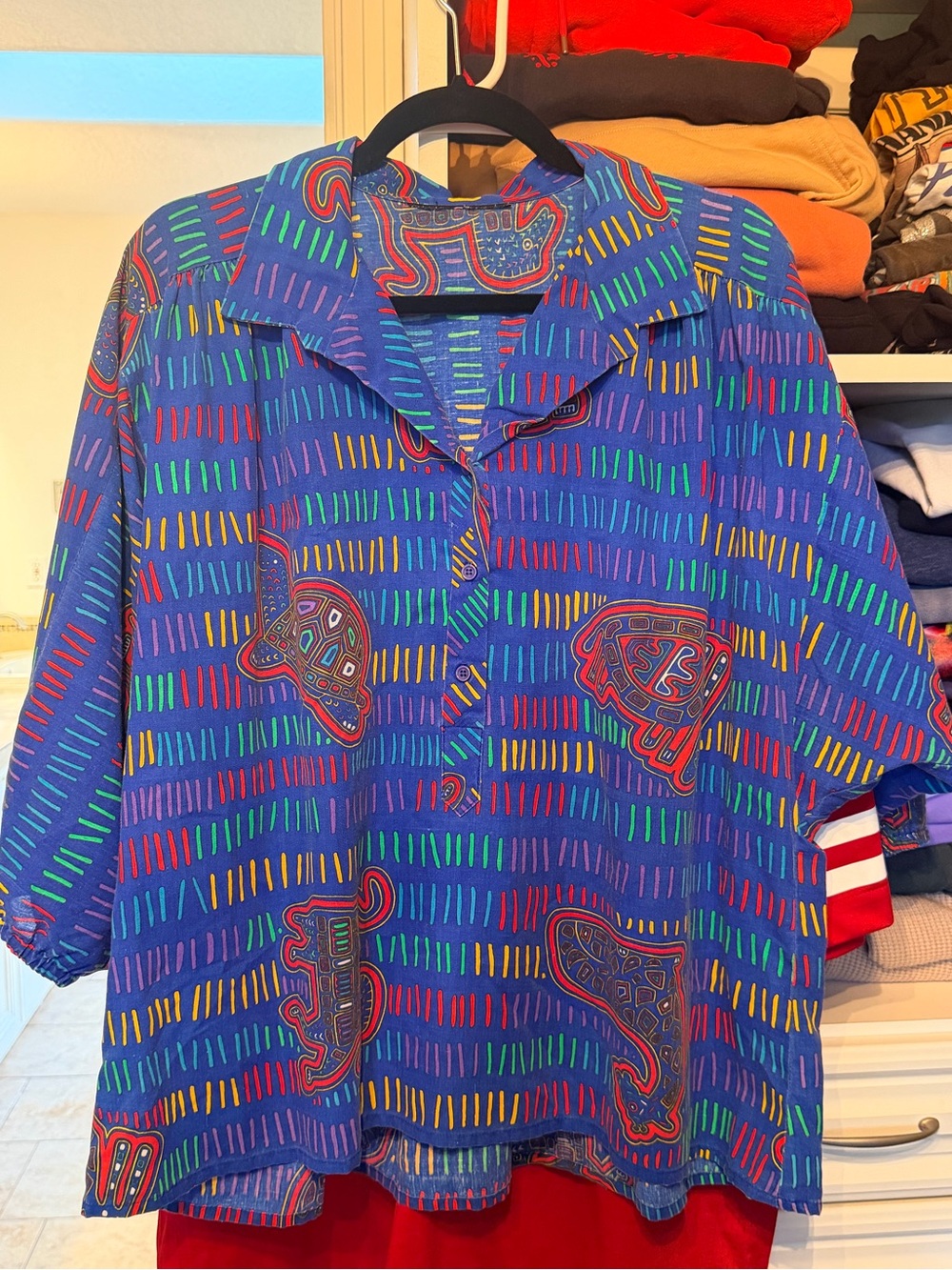 Vintage Bright Blue and Colorful Patterned Button-Up Shirt with Bat Wings